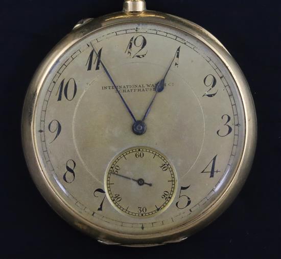 An engine turned 14ct gold International Watch Co. open face keyless pocket watch,